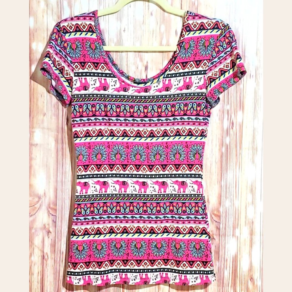 Rue 21 Juniors Tribal Elephant Print Pink Multicolor Scoop Back Tee Top Medium M